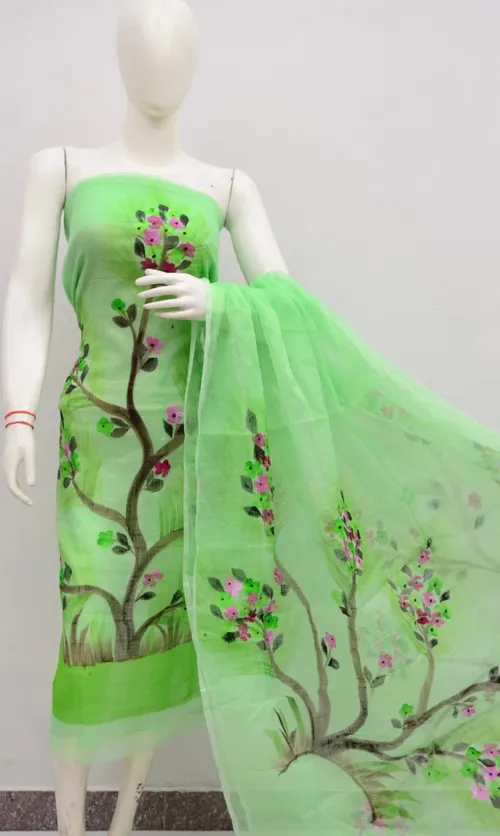 Graceful Kota Doria Dress Material with Hand Brush Print Work – Lightweight Elegance in Every Thread